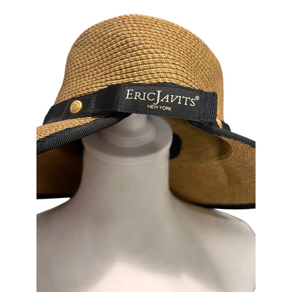 Eric Javits Visor Adjustable Straw Hat UPF 50+ Beige Black Packable Sunbust Bow - Picture 3 of 11